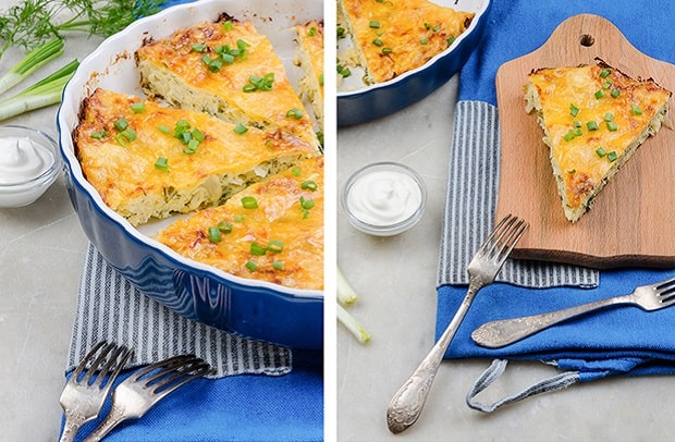 готовая запеканка из белокочанной капусты, нарезанная кусочками, в форме для запекания и на тарелке